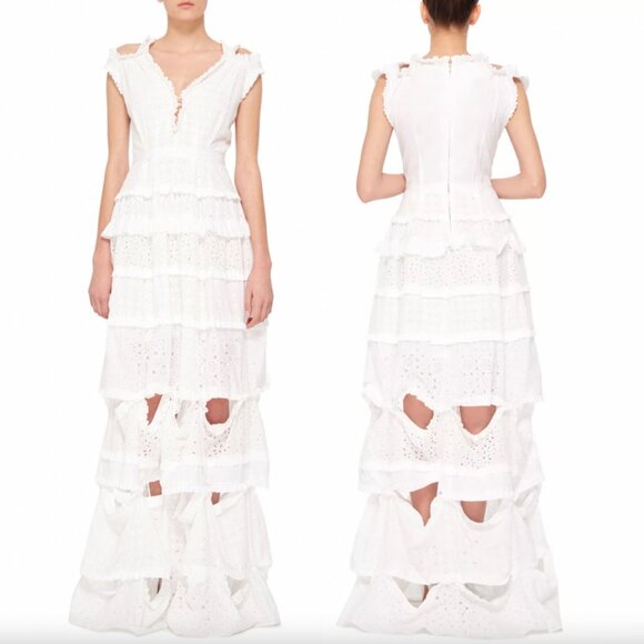 $4300 Oscar De La Renta White Cotton Ruffle Eyelet Long Maxi Dress size 2